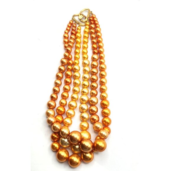 Vintage Tangerine Orange Yellow Faux Pearl Bead 3-Strand Choker Necklace - Picture 2 of 3